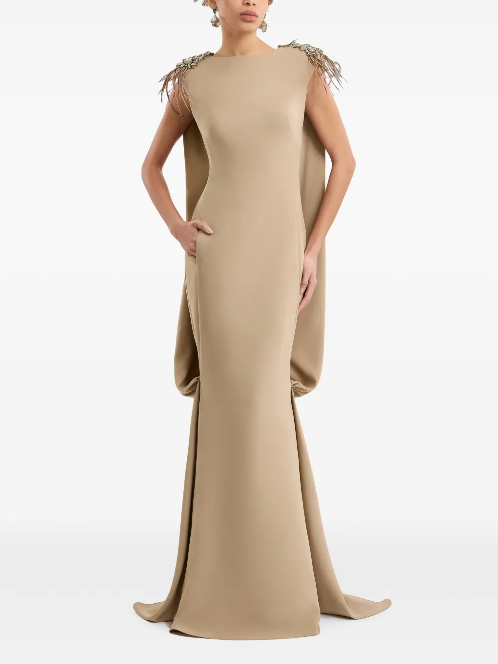 Gemy Maalouf Jurk met veren en kralen Beige