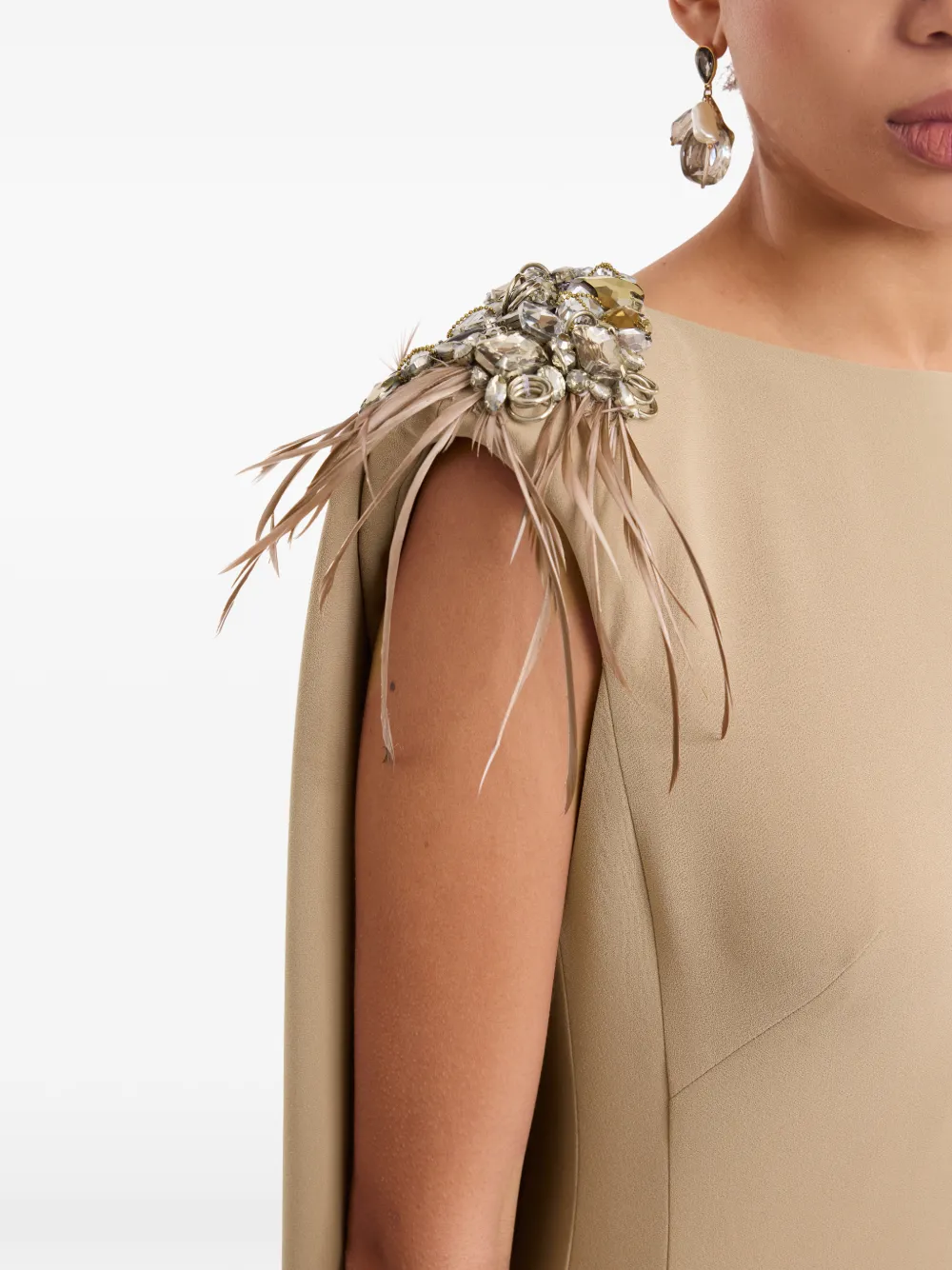 Gemy Maalouf Jurk met veren en kralen Beige