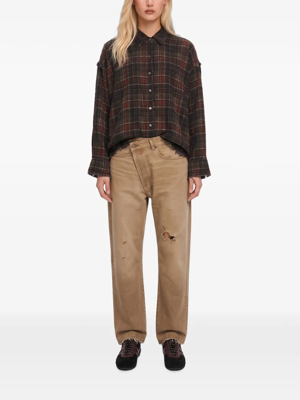 R13 Crossover gerafelde jeans met gekruiste taille Beige