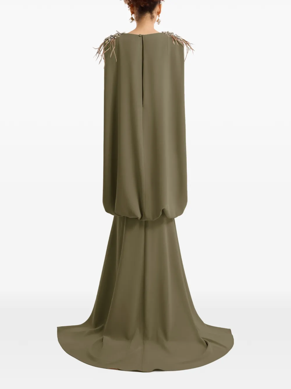 Gemy Maalouf feather-beaded cape-sleeve dress Groen
