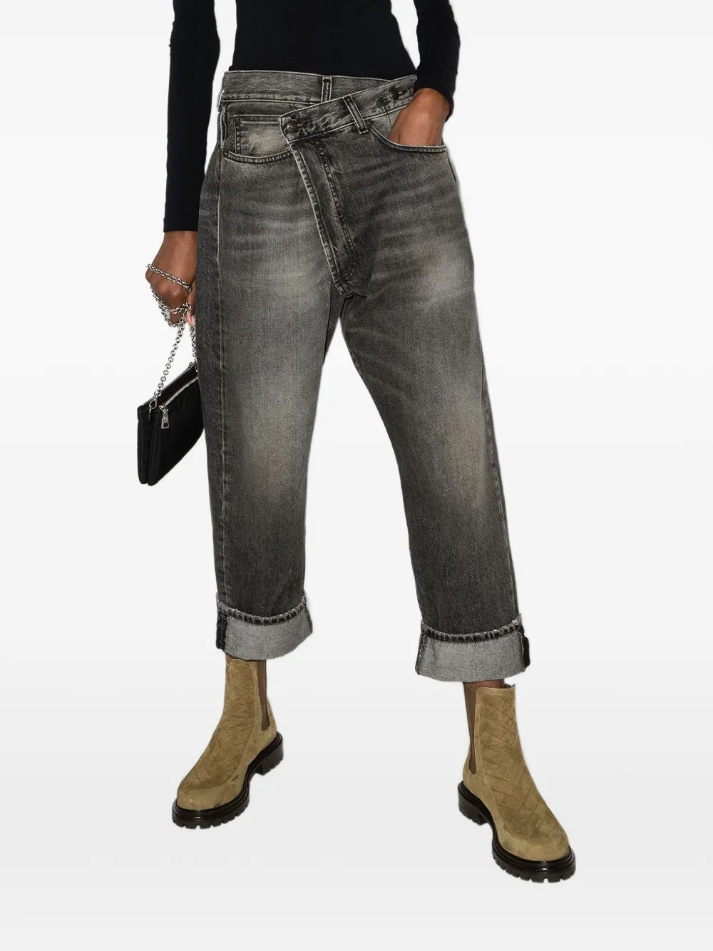 R13 Jeans met gekruiste taille en omgeslagen pijpen Zwart