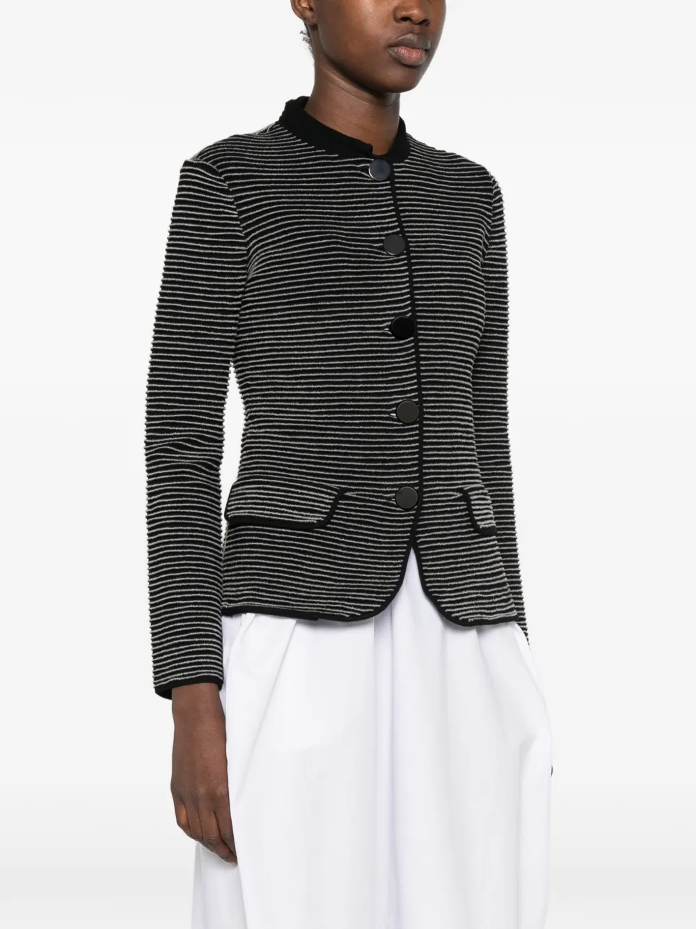 Emporio Armani Blazer in Striped Ottoman Fabric with Front Flap Pockets in Black, view 3