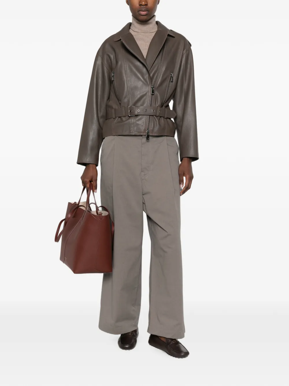 Emporio Armani Leren jack met ceintuur Bruin