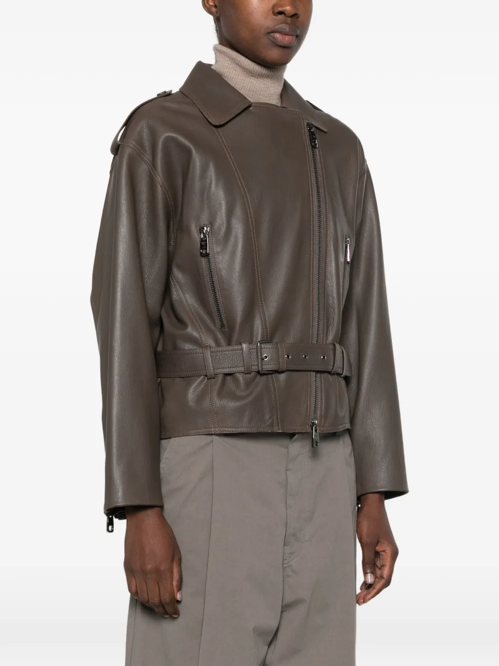 Emporio Armani Leren jack met ceintuur Bruin