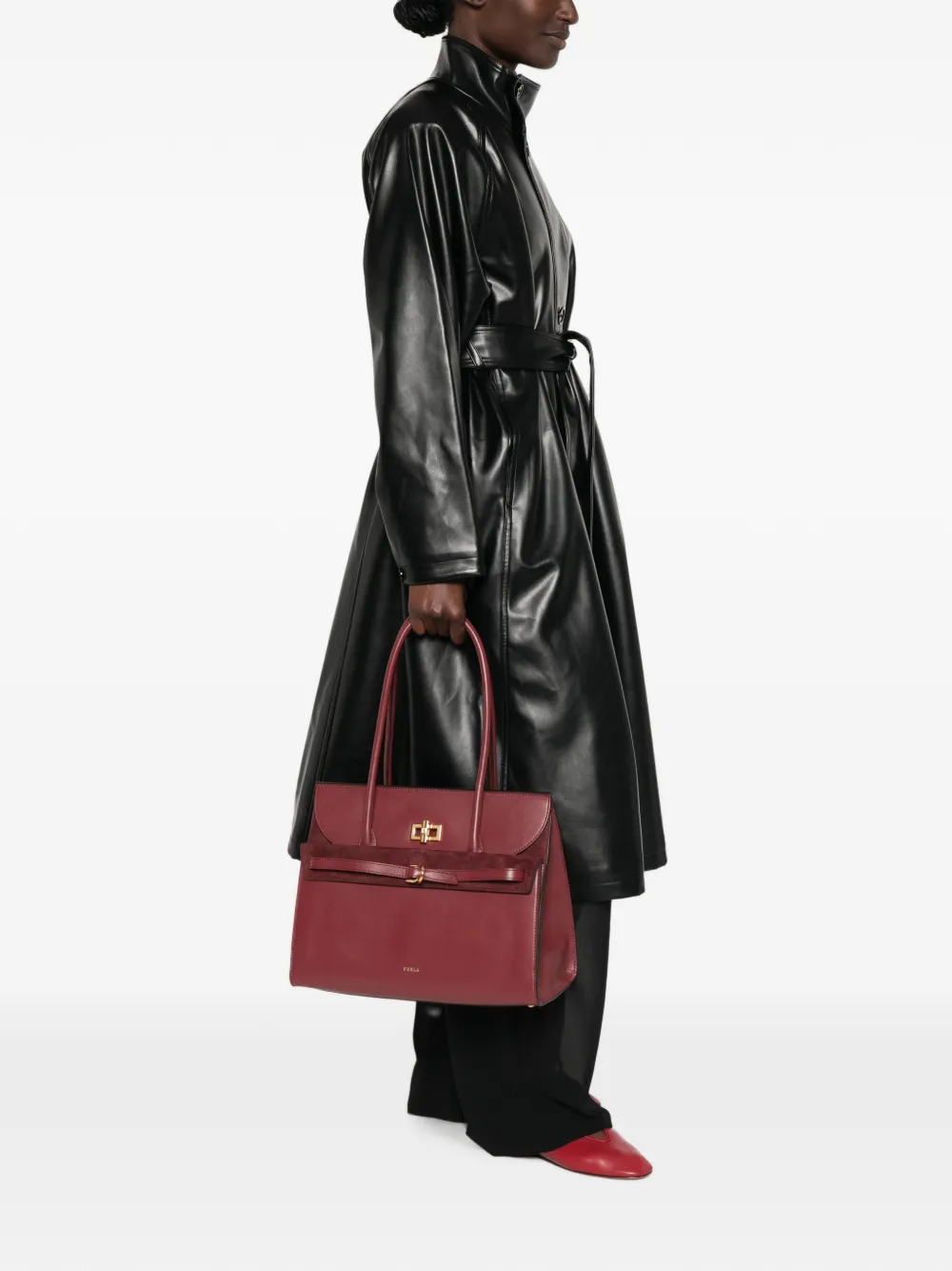 Furla Leren shopper met gespdetail en draaislot Rood