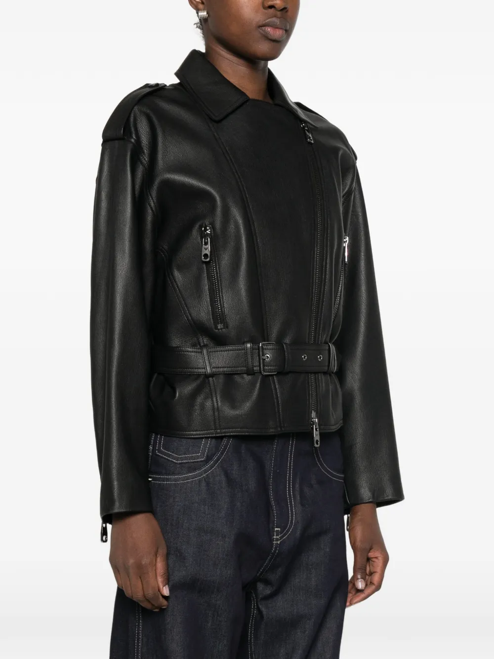 Emporio Armani Leren jack met ceintuur Zwart