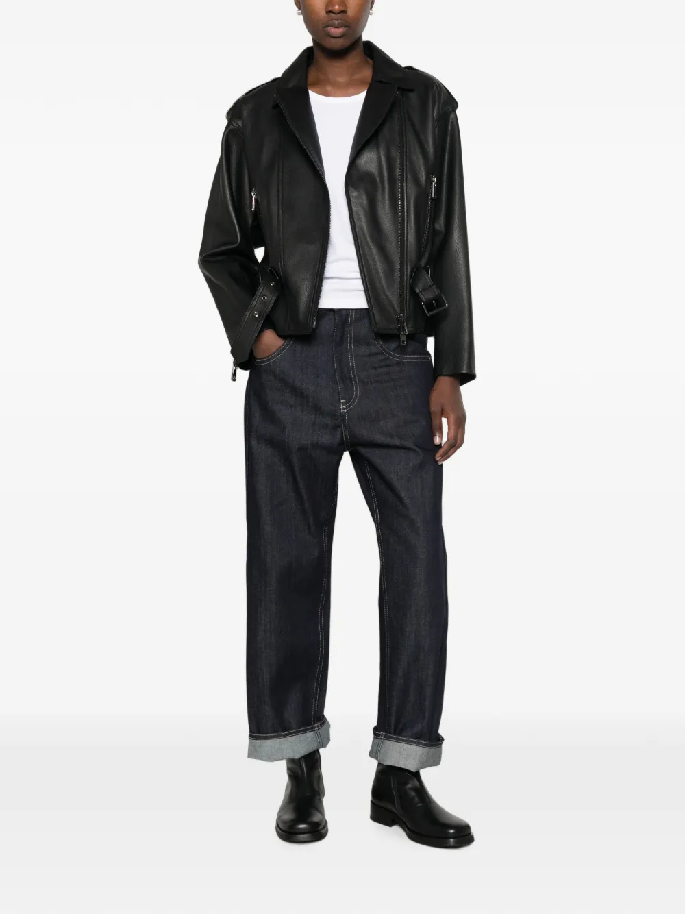 Emporio Armani Leren jack met ceintuur Zwart