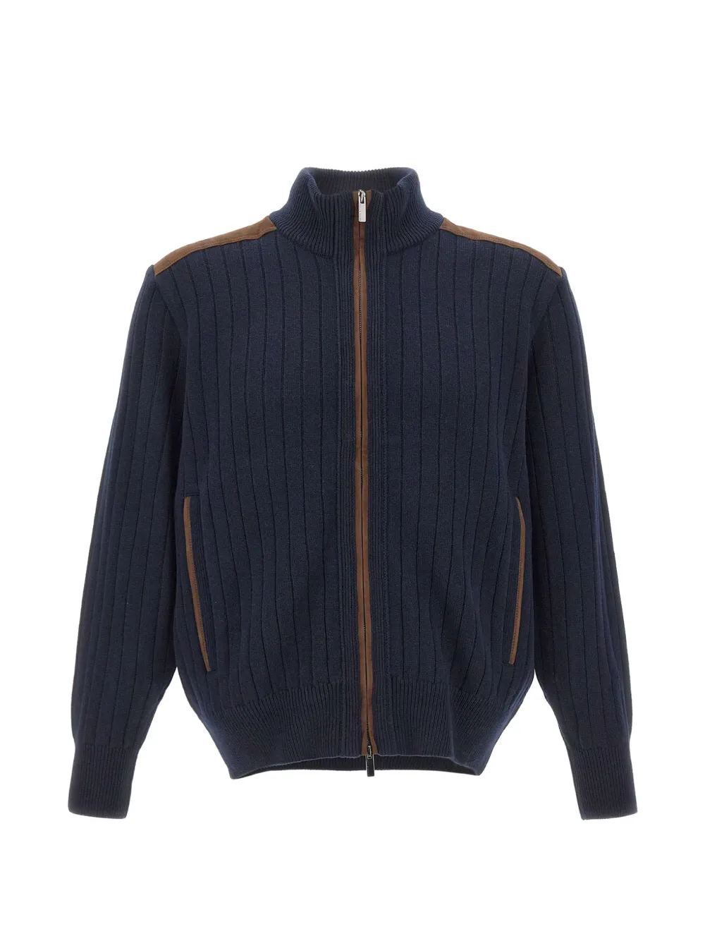 Paul & Shark ribbed-knit suede-panel cardigan - Blau