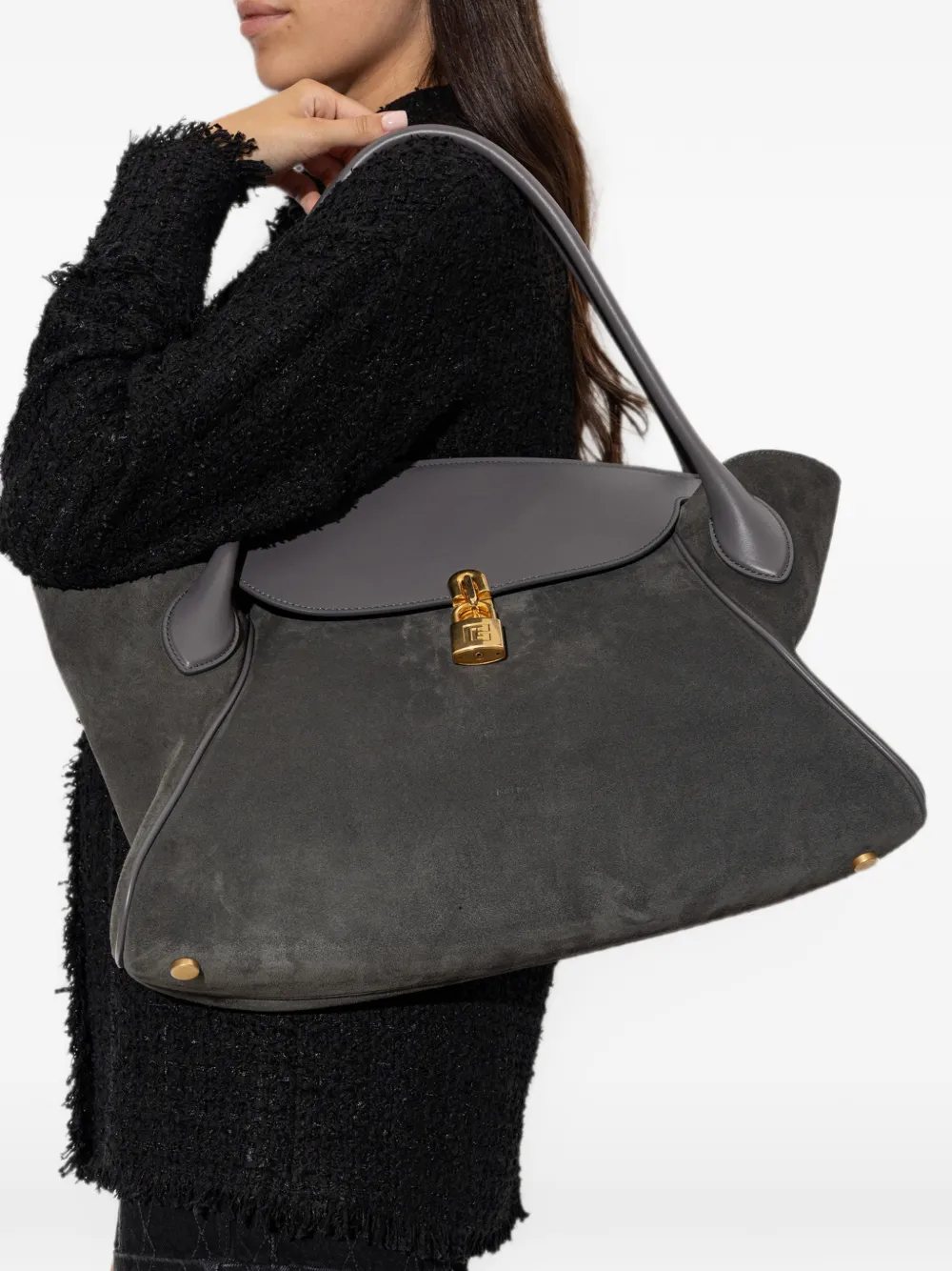 Balmain Kleine Pulse Day suède shopper met hangslotdetail Grijs