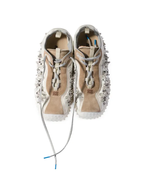 miwです。 Miu Miu Bubble Embroidered Technical Fabric And Suede Sneakers