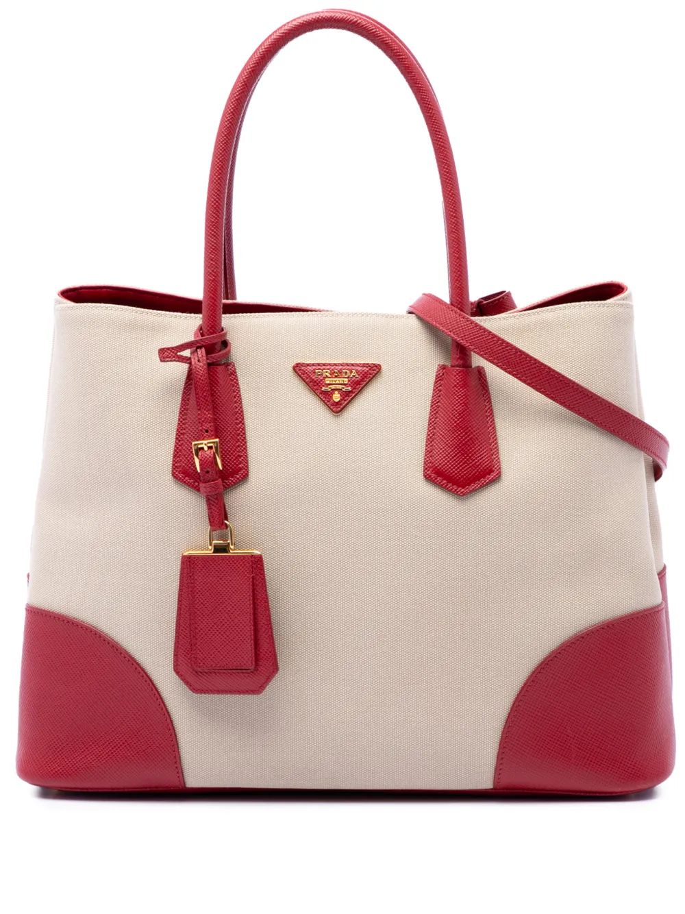 Prada Pre-Owned 2010-2026 Large Saffiano Trimmed Canapa Double satchel - Neutrals