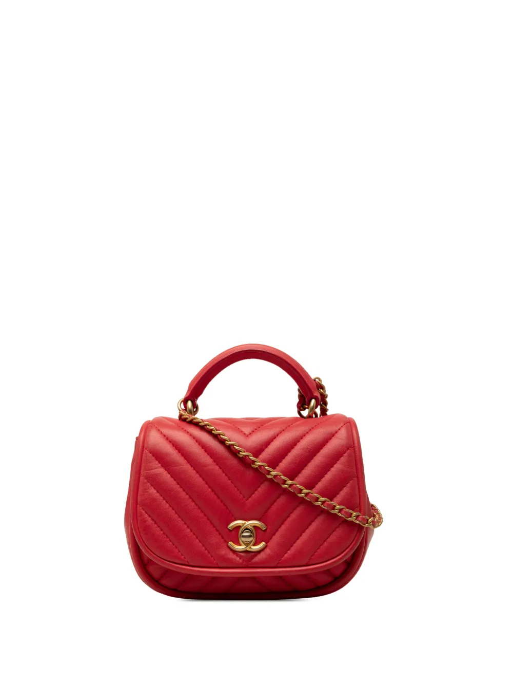 CHANEL Pre-Owned 2017-2018 Mini CC Chevron Lambskin Reversed Round Flap satchel - Rosso