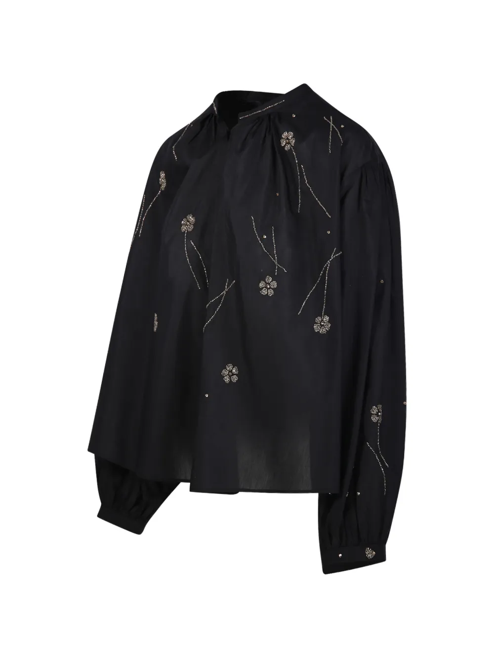 Forte Fleurs D'Orient gesmockte blouse met geborduurde bloemen Zwart