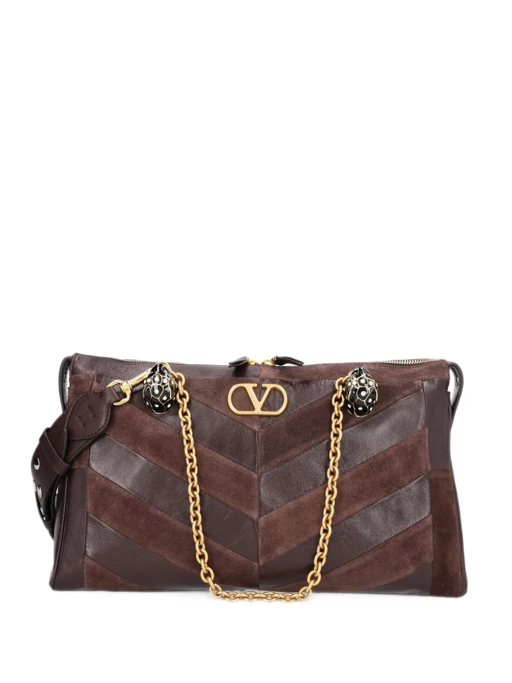 Valentino Garavani Panthea medium shoulder bag in suede and nappa with chevron motif - Marrone