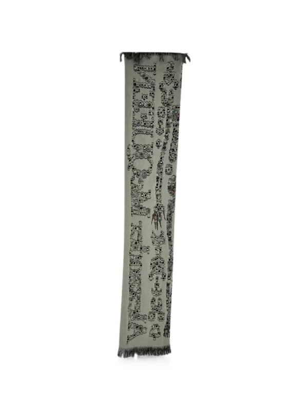 Alexander McQueen Pre-owned Printed Fringed Wool Scarf in Grey