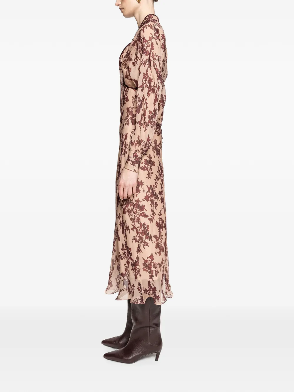 NISSA Zijden en viscose midi-jurk met bloemen Beige