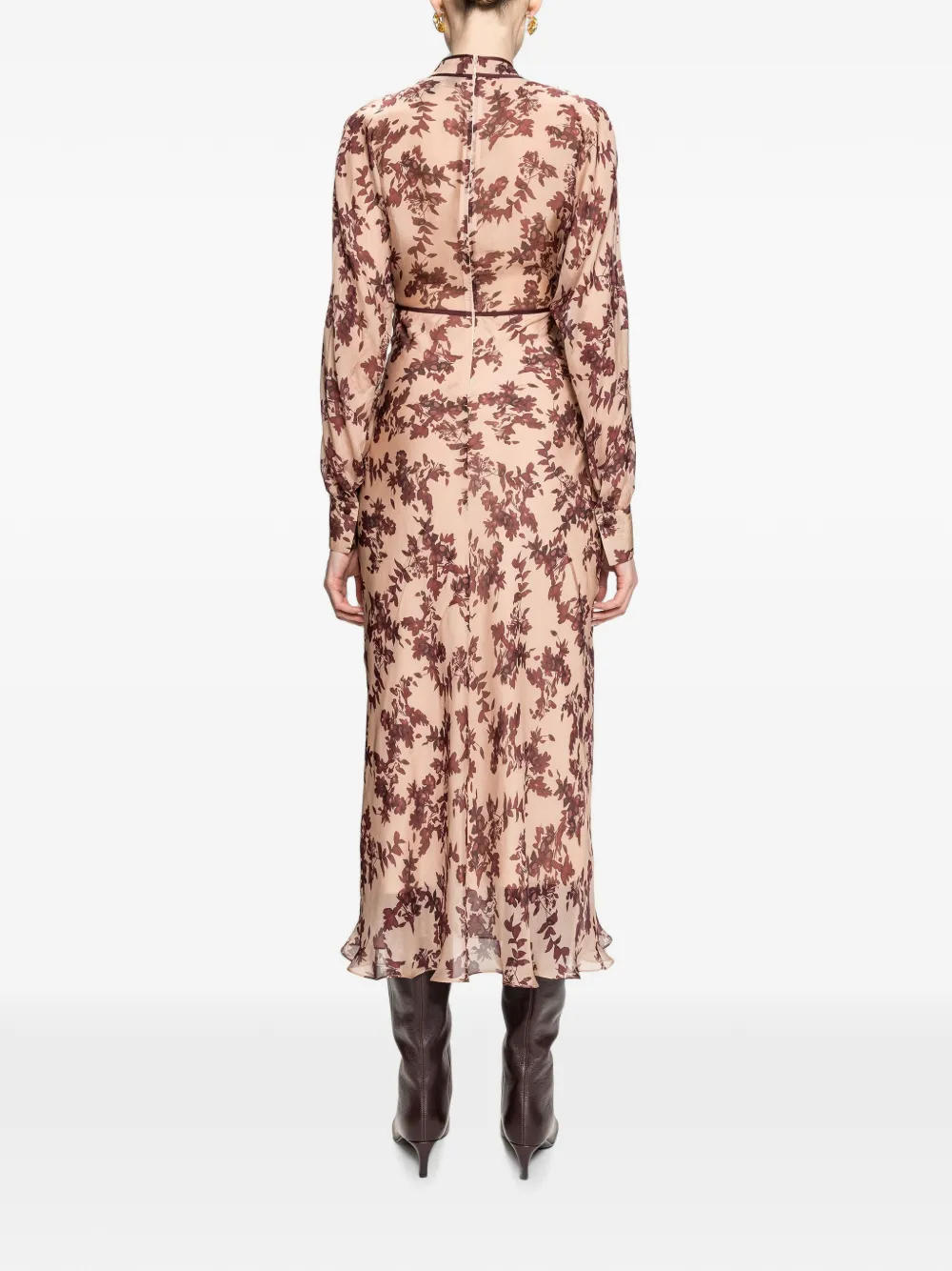 NISSA Zijden en viscose midi-jurk met bloemen Beige