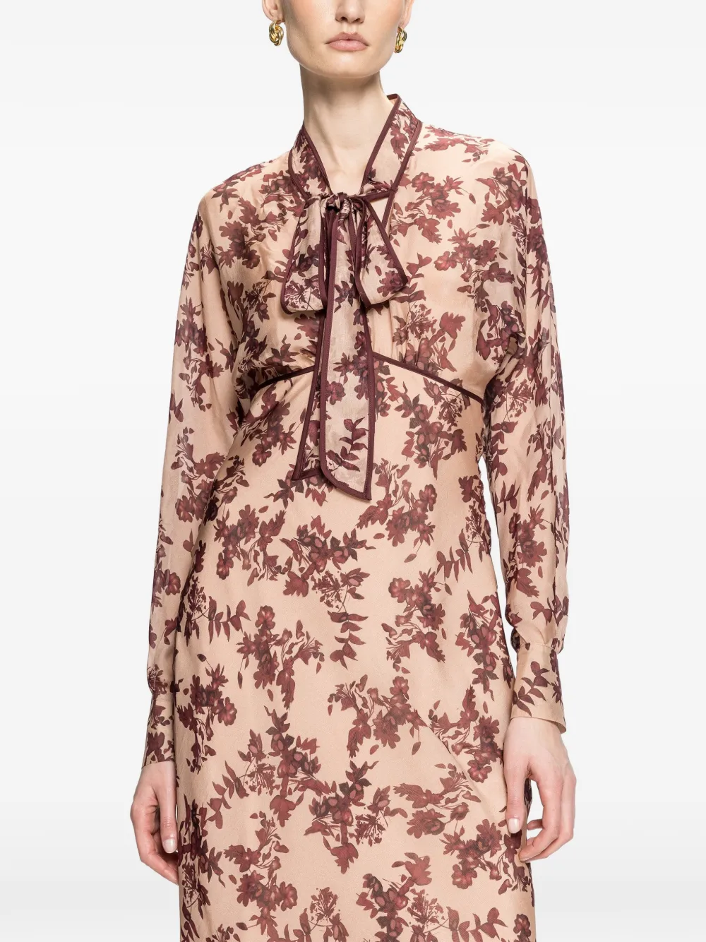 NISSA Zijden en viscose midi-jurk met bloemen Beige