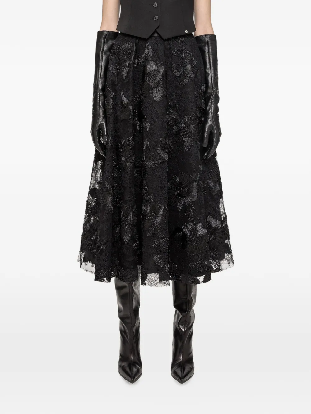 NISSA floral-embroidered A-line midi skirt - Nero