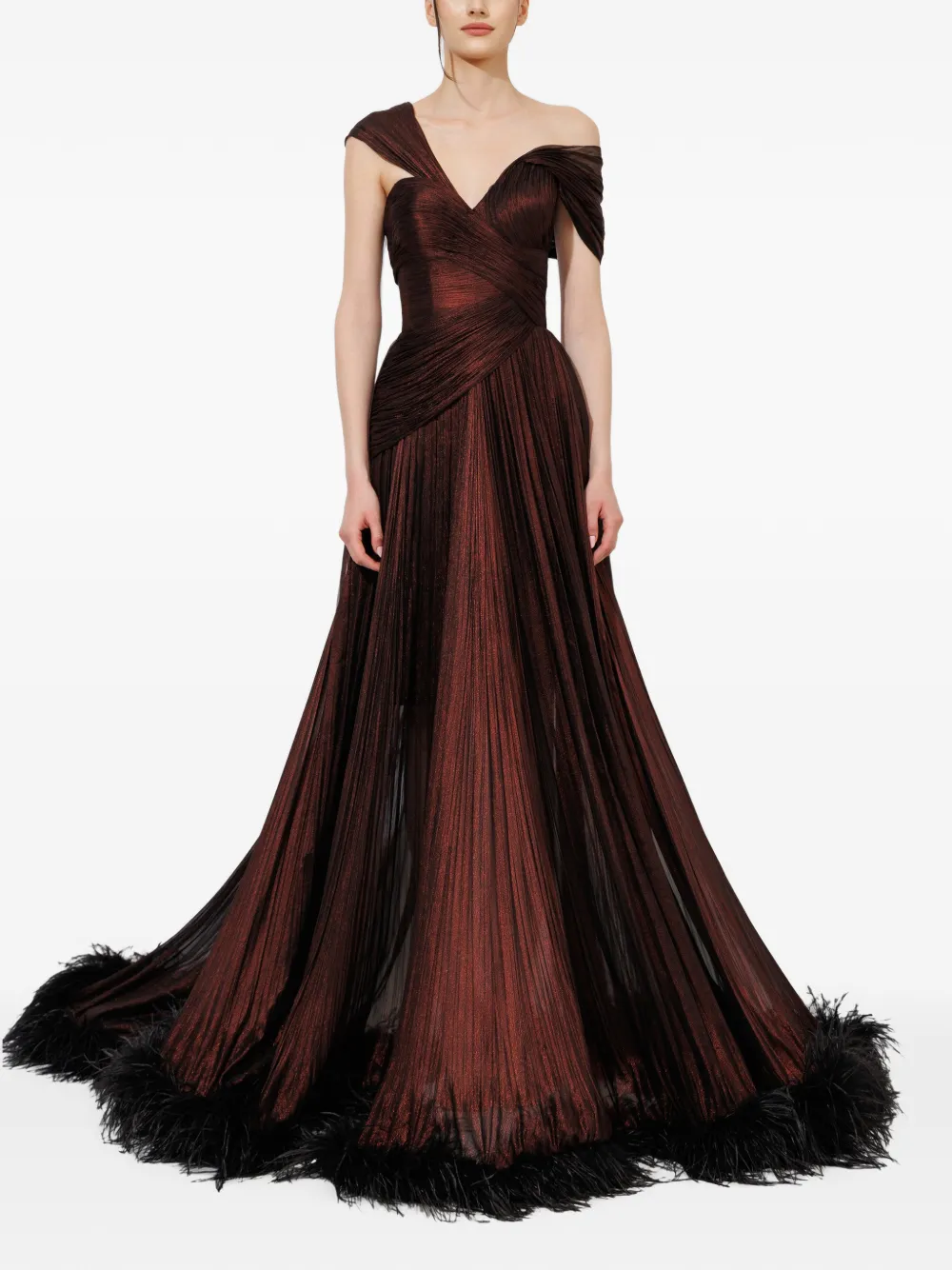 Iris Serban Carla feather-trimmed pleated gown