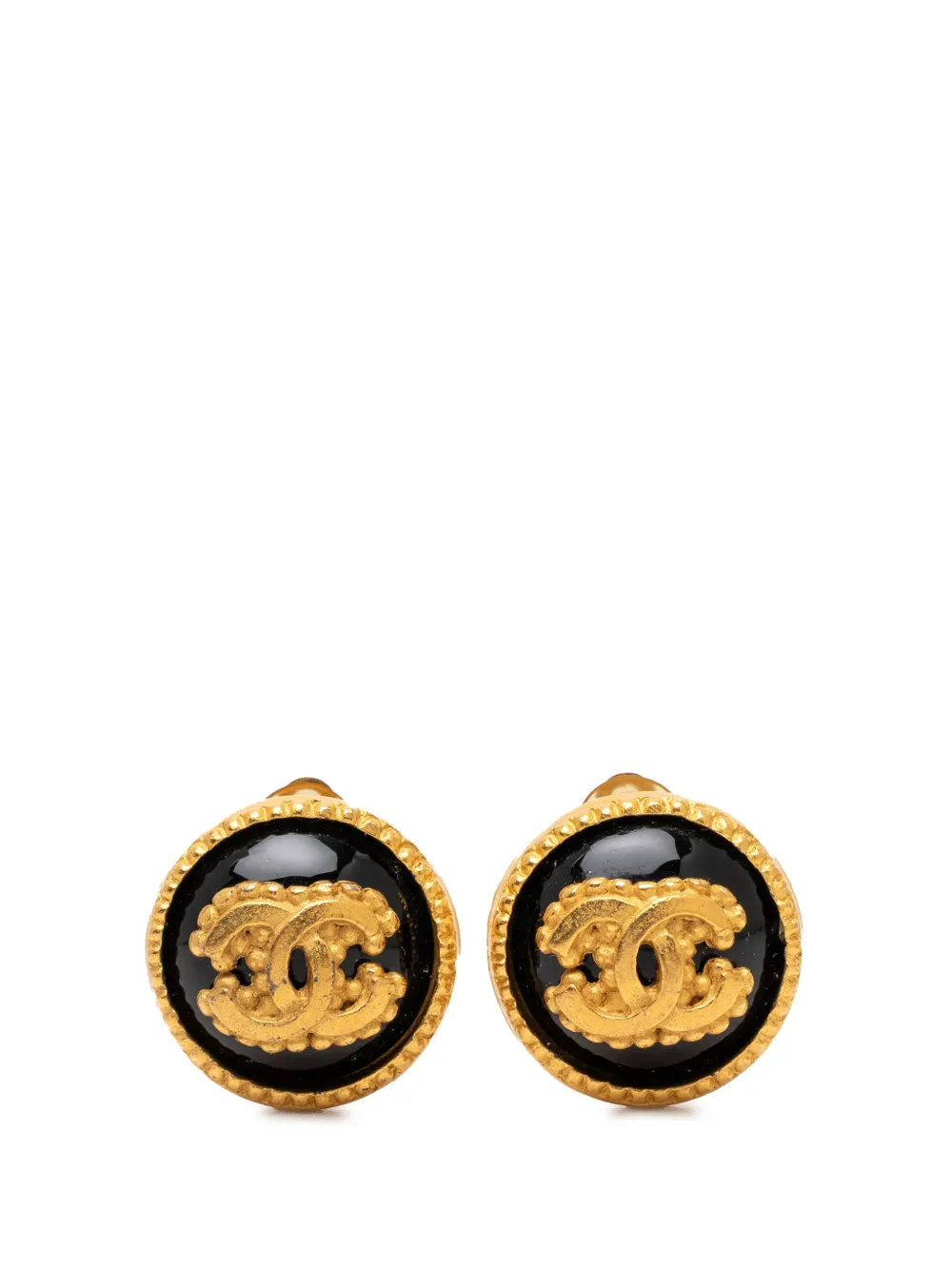 CHANEL Pre-Owned 1996 CC Gold Plated Enamel Round Button Clip On Earrings costume earrings - Nero