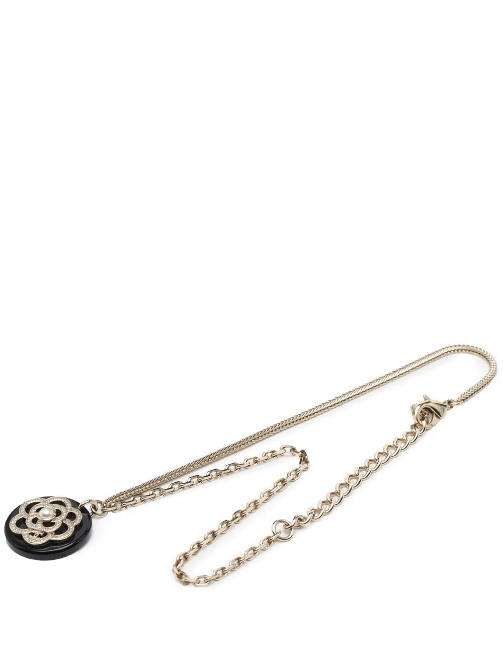 CHANEL Pre-Owned 2018 CC Gold Plated Resin Strass Faux Pearl Camellia Round Pendant Necklace costume necklace - Oro