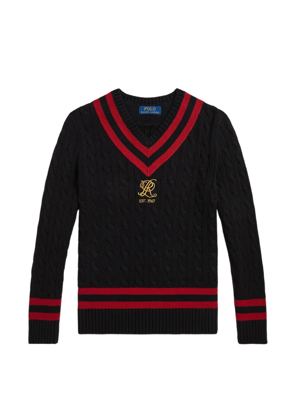 POLO RALPH LAUREN KIDS Kabelgebreide trui met gestreepte afwerking Zwart