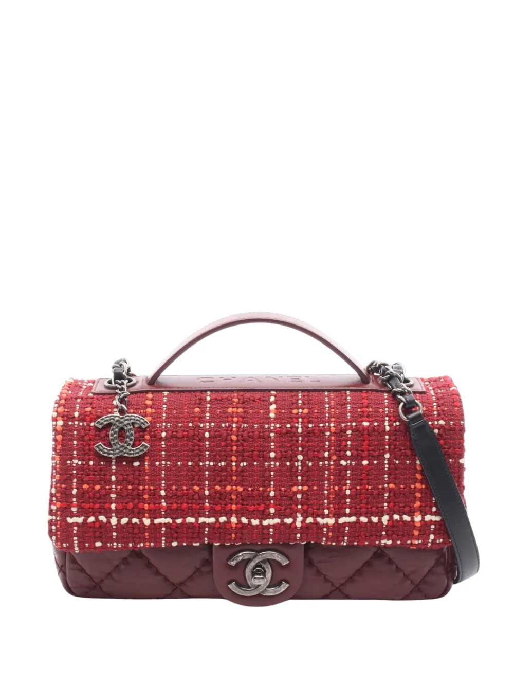 CHANEL Pre-Owned 2016-2017 Tweed Quilted Airlines Single Flap satchel - Rosso