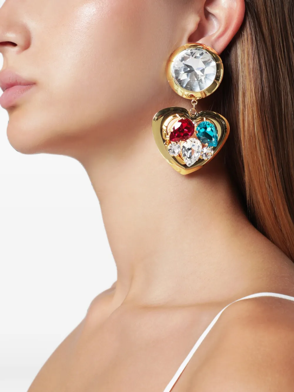 Alessandra Rich Heart-pendant Crystal-embellished Earrings in Gold, view 2