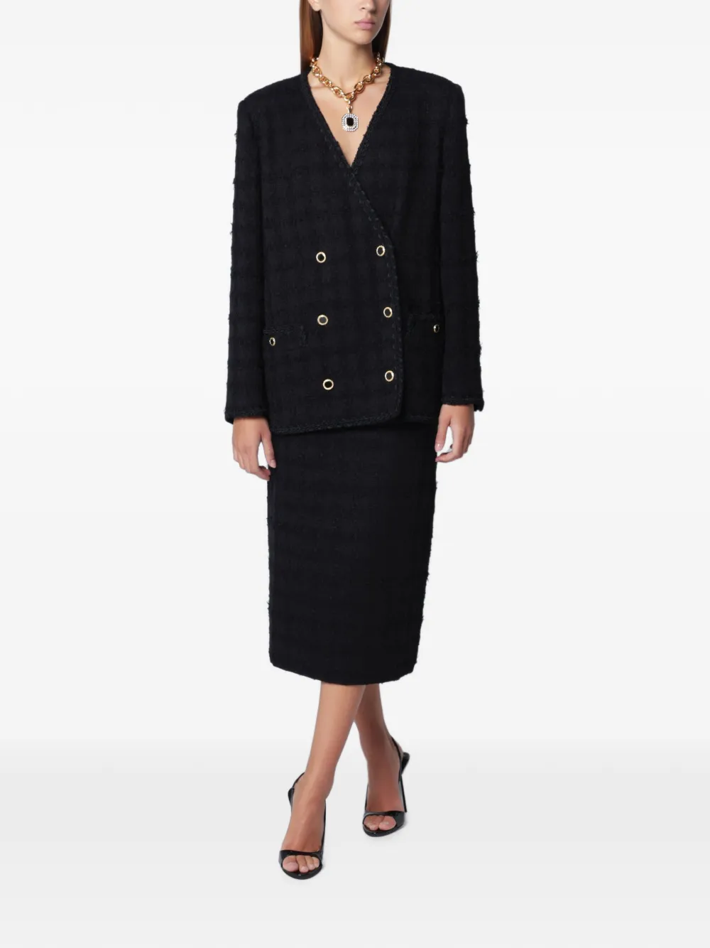 Alessandra Rich Bouclé Check Skirt in Black, view 2