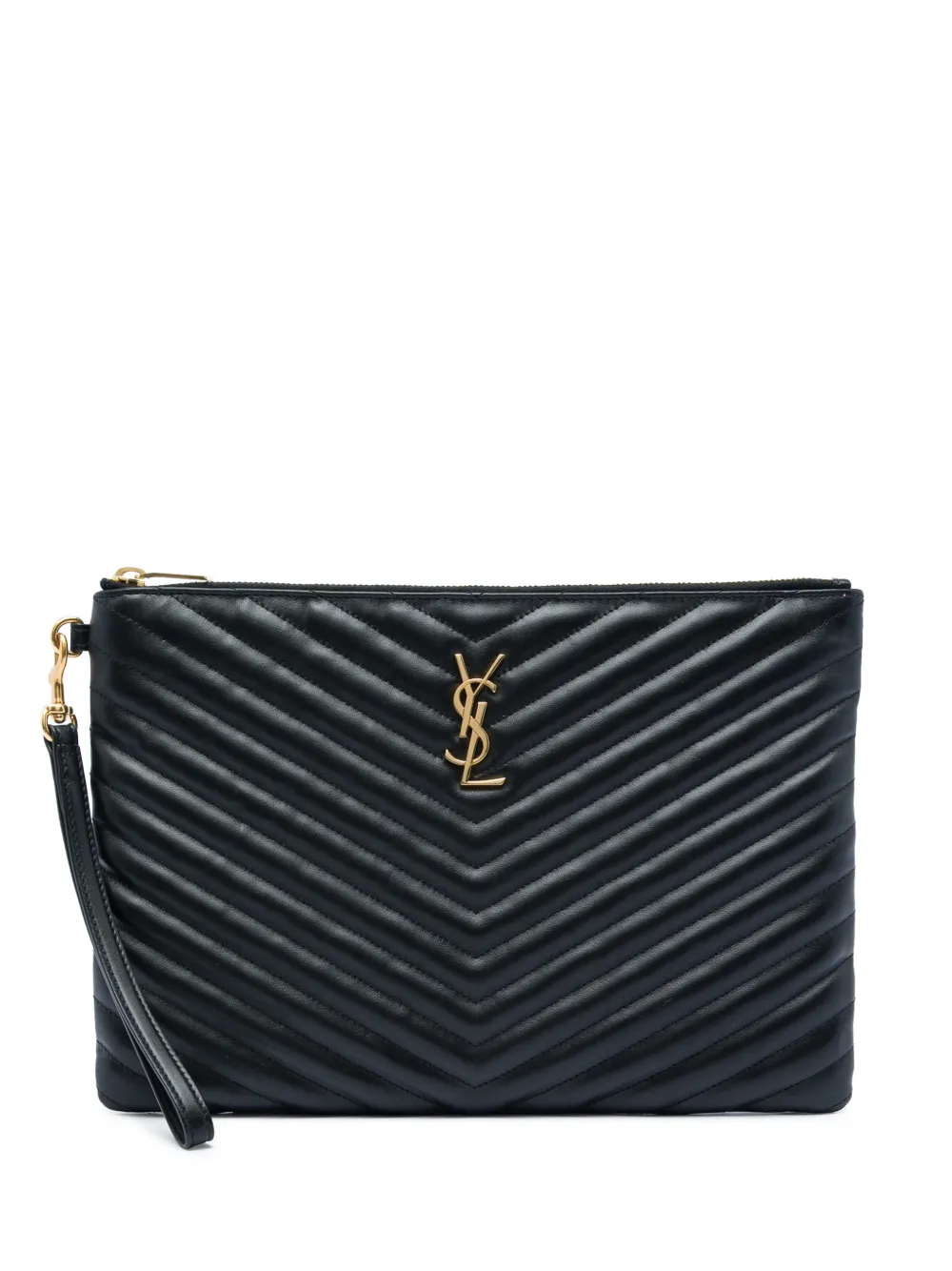 Saint Laurent Pre-Owned 2023 Chevron Calfskin Monogram Tablet Pouch clutch bag - Nero