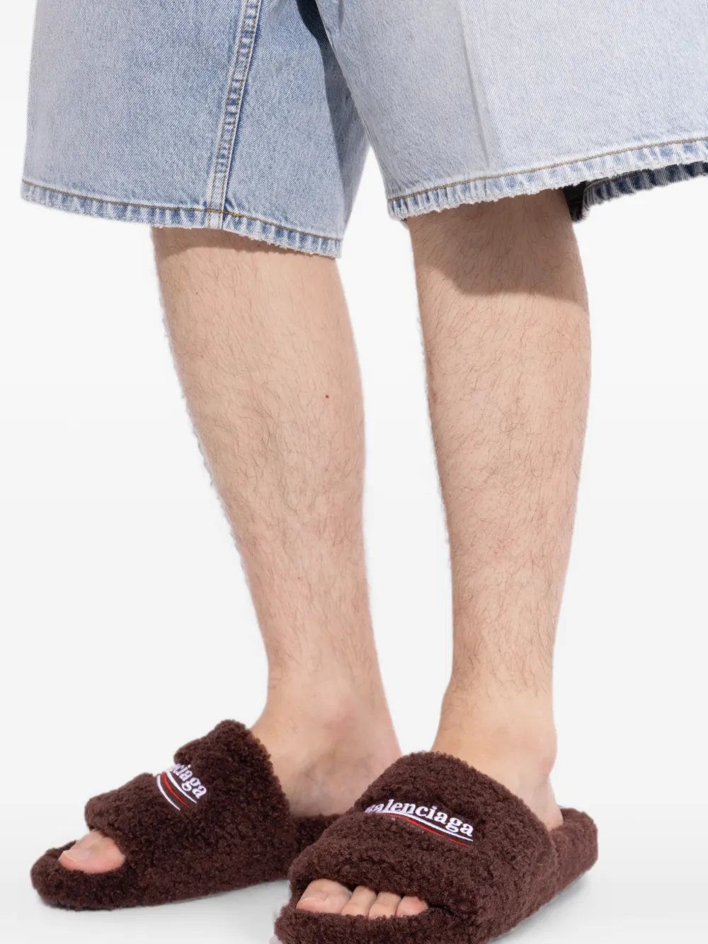 Balenciaga logo-embroidered faux-fur slides Bruin