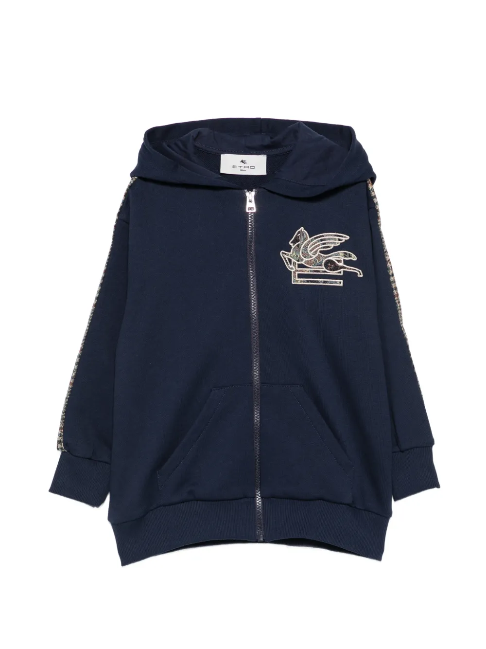 ETRO KIDS Pegaso-embroidery check-trim hoodie - Blu