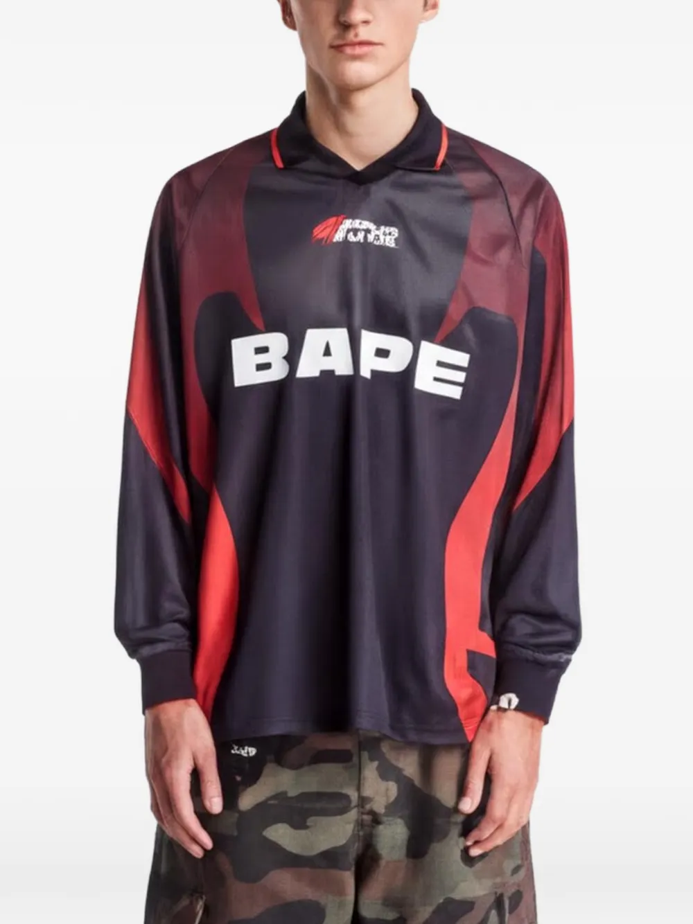 A Bathing Ape Ape Flame Monogram-jacquard Football Jersey In Black