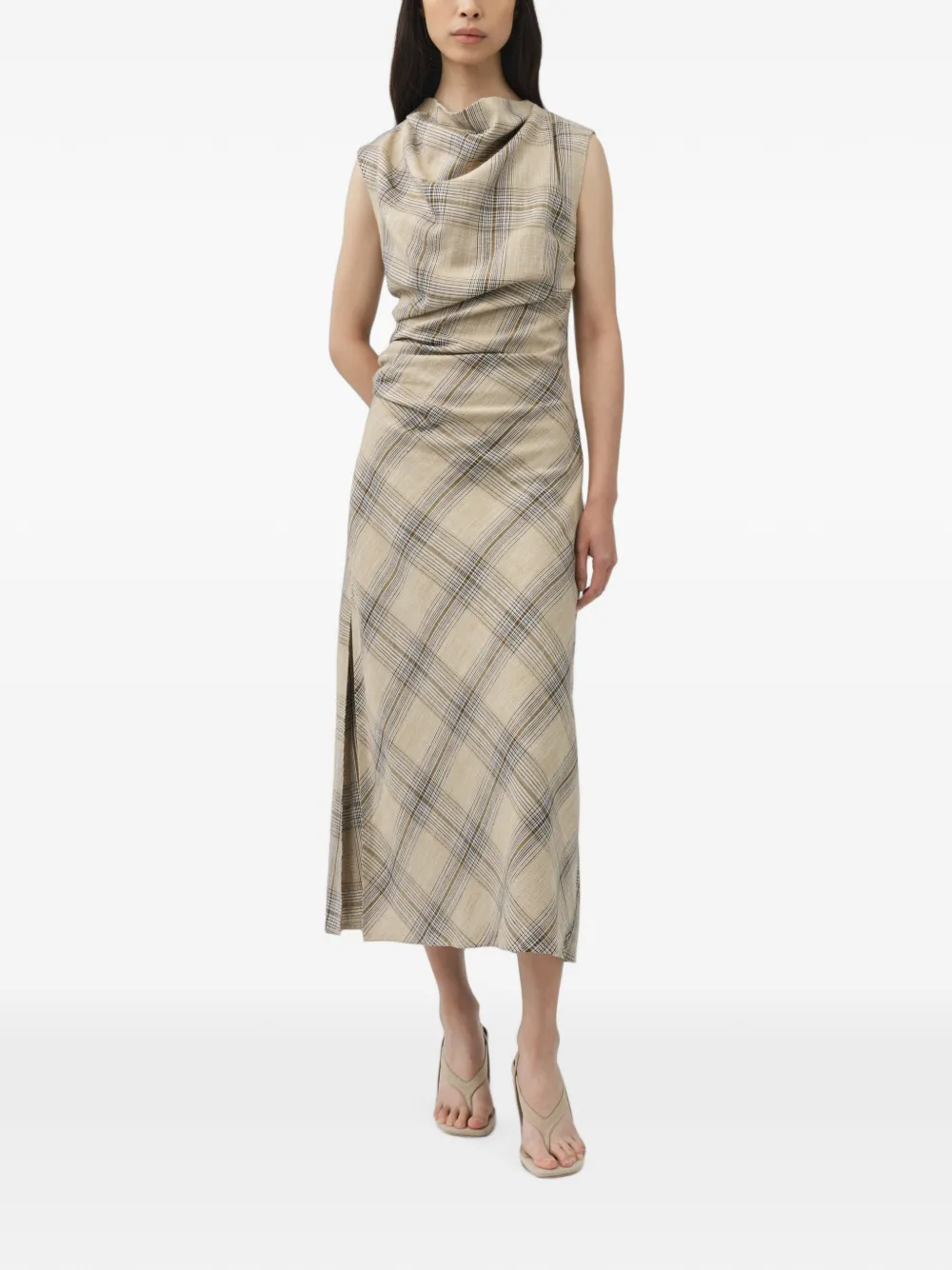 SIMKHAI Burke gedrapeerde geruite midi-jurk Beige