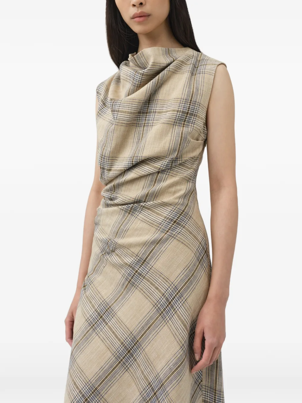 SIMKHAI Burke gedrapeerde geruite midi-jurk Beige