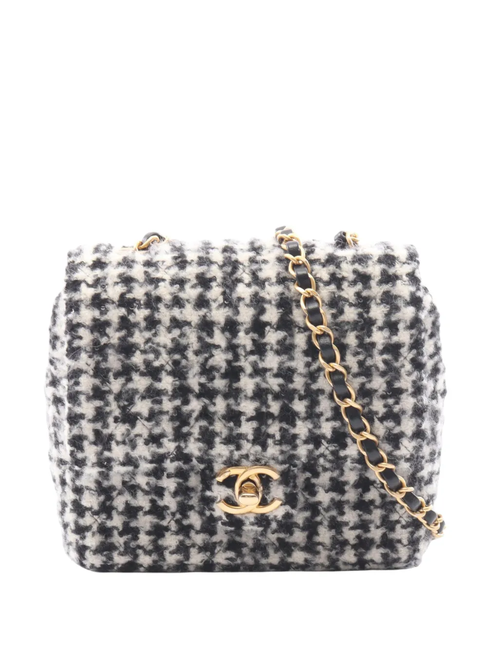 CHANEL Pre-Owned 2021-2026 Mini Square Quilted Tweed Houndstooth Straight Single Flap crossbody bag - Black