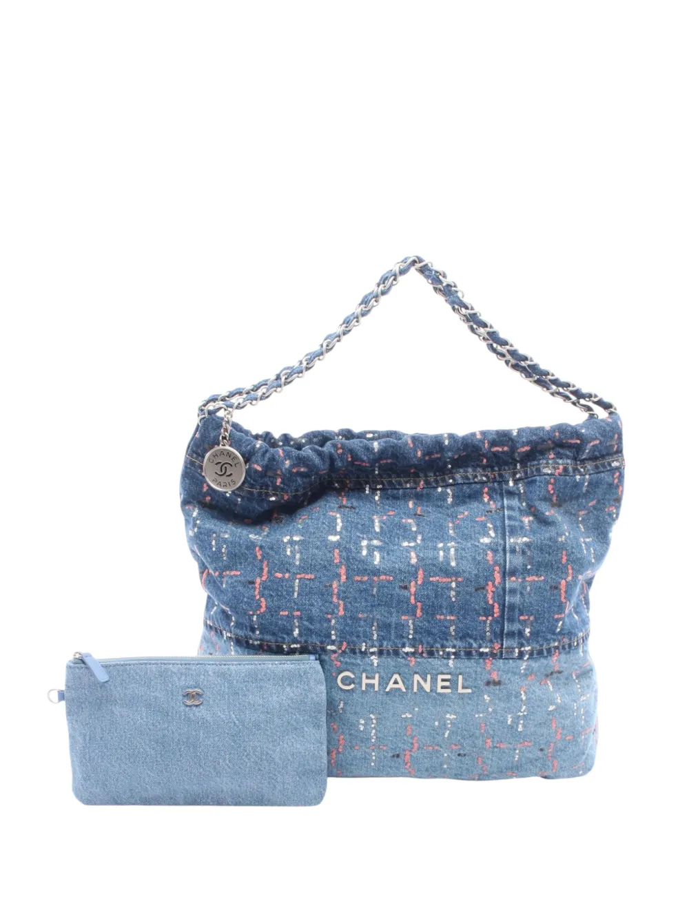 CHANEL Pre-Owned 2021-2026 Large Denim Sequin Embellished 22 hobo bag - Blu