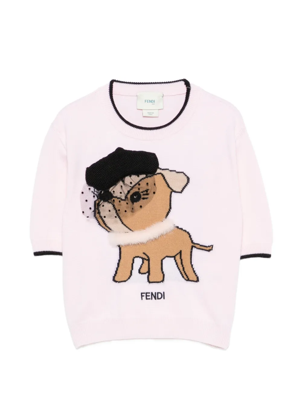Fendi Kids dog-intarsia short-sleeve wool sweater - Rosa