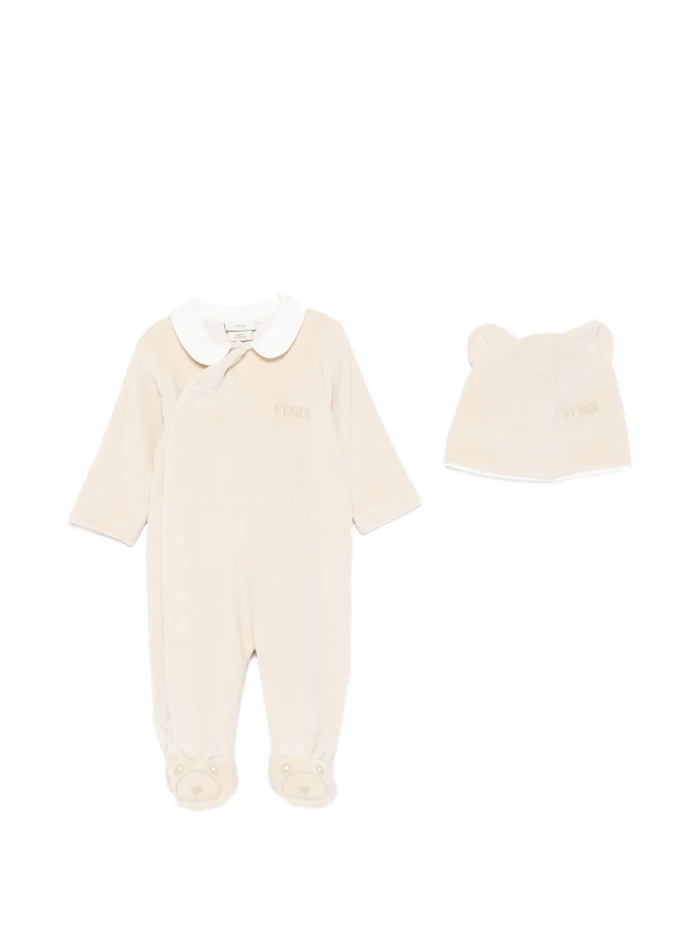 Fendi Kids logo-embroidered velvet-effect babygrow set (set of two) - Nude