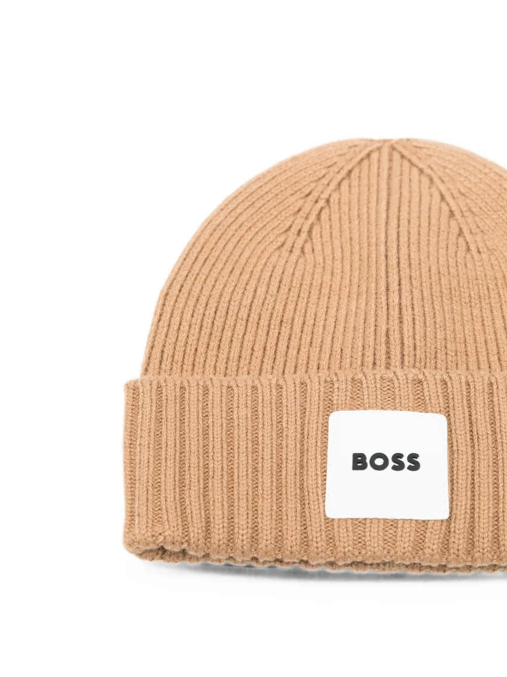 BOSS Kidswear Geribbelde katoenen muts met logo-patch Beige