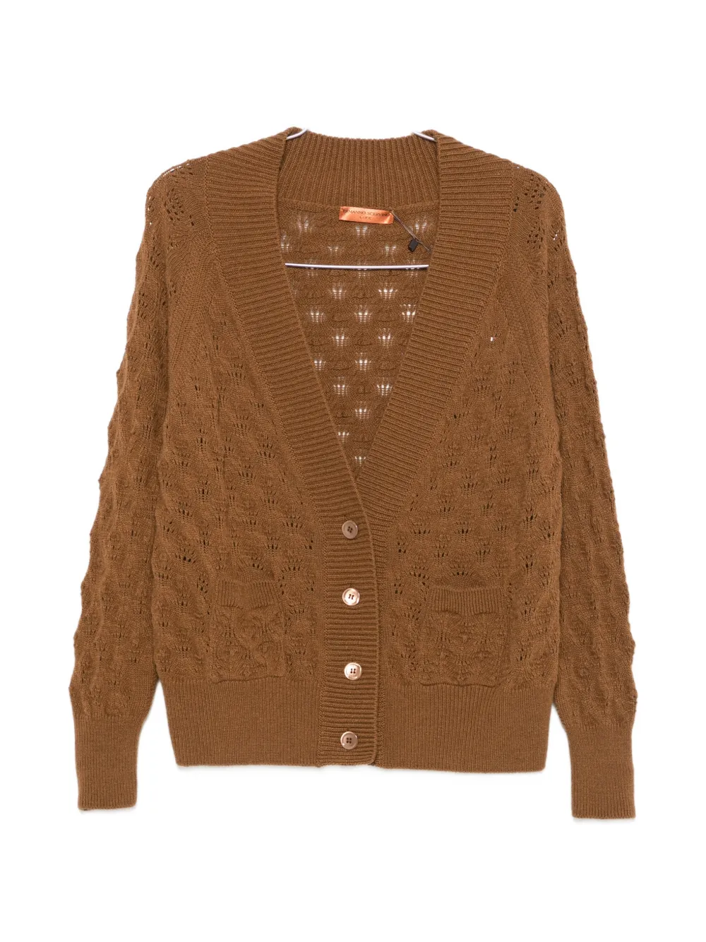 Ermanno Scervino Cable-knit Pointelle-trim Cardigan In 브라운