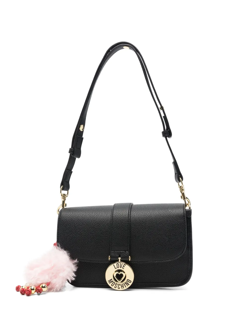Love Moschino logo-plaque pompom shoulder bag - Nero