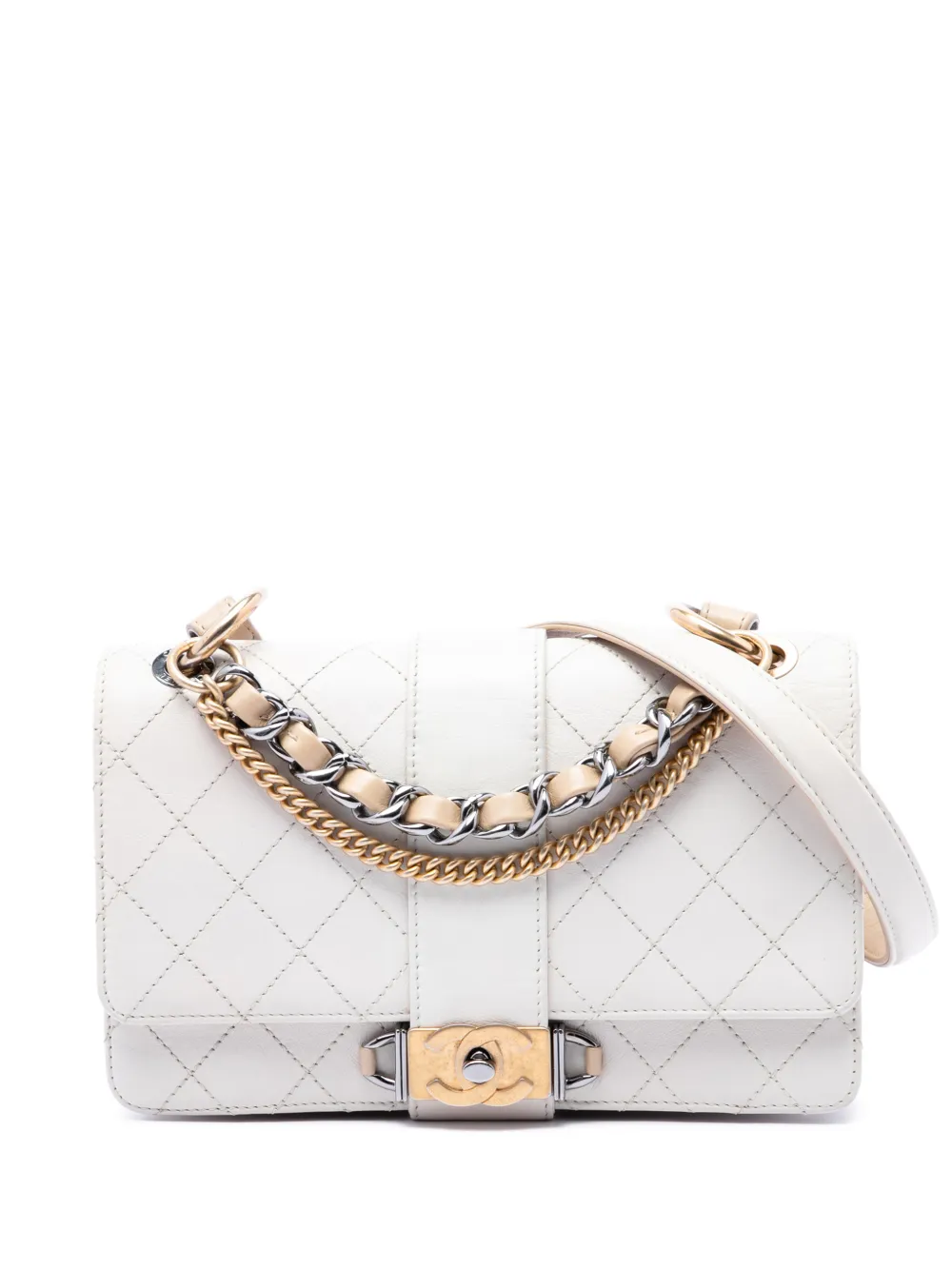 CHANEL Pre-Owned 2018-2019 CC Stitched Calfskin Chain Flap satchel - Bianco