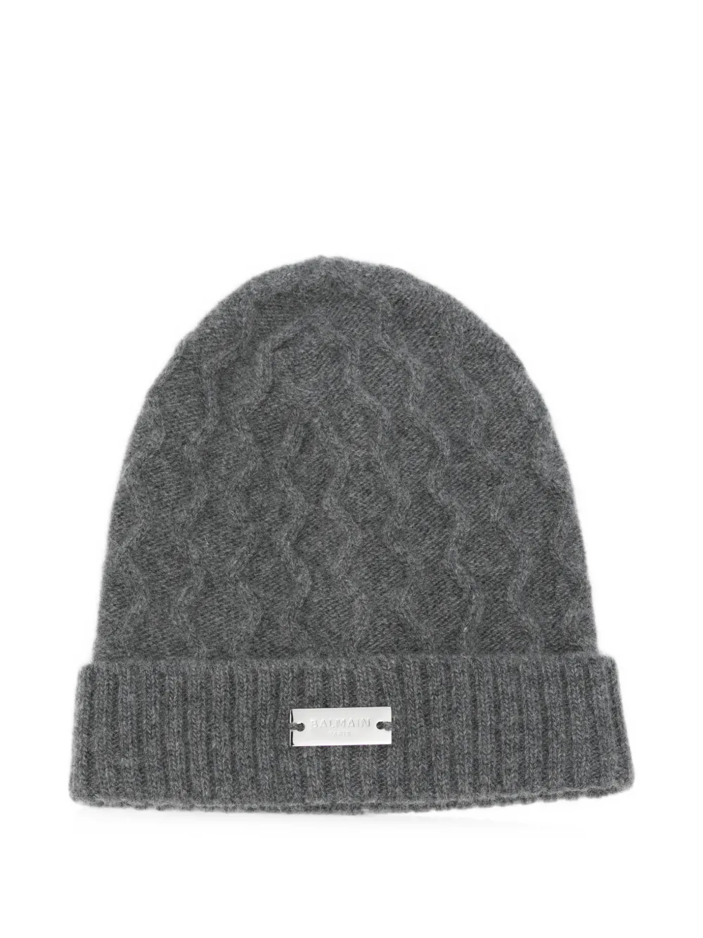 Balmain Kids cable-knit logo-plaque wool beanie - Grigio