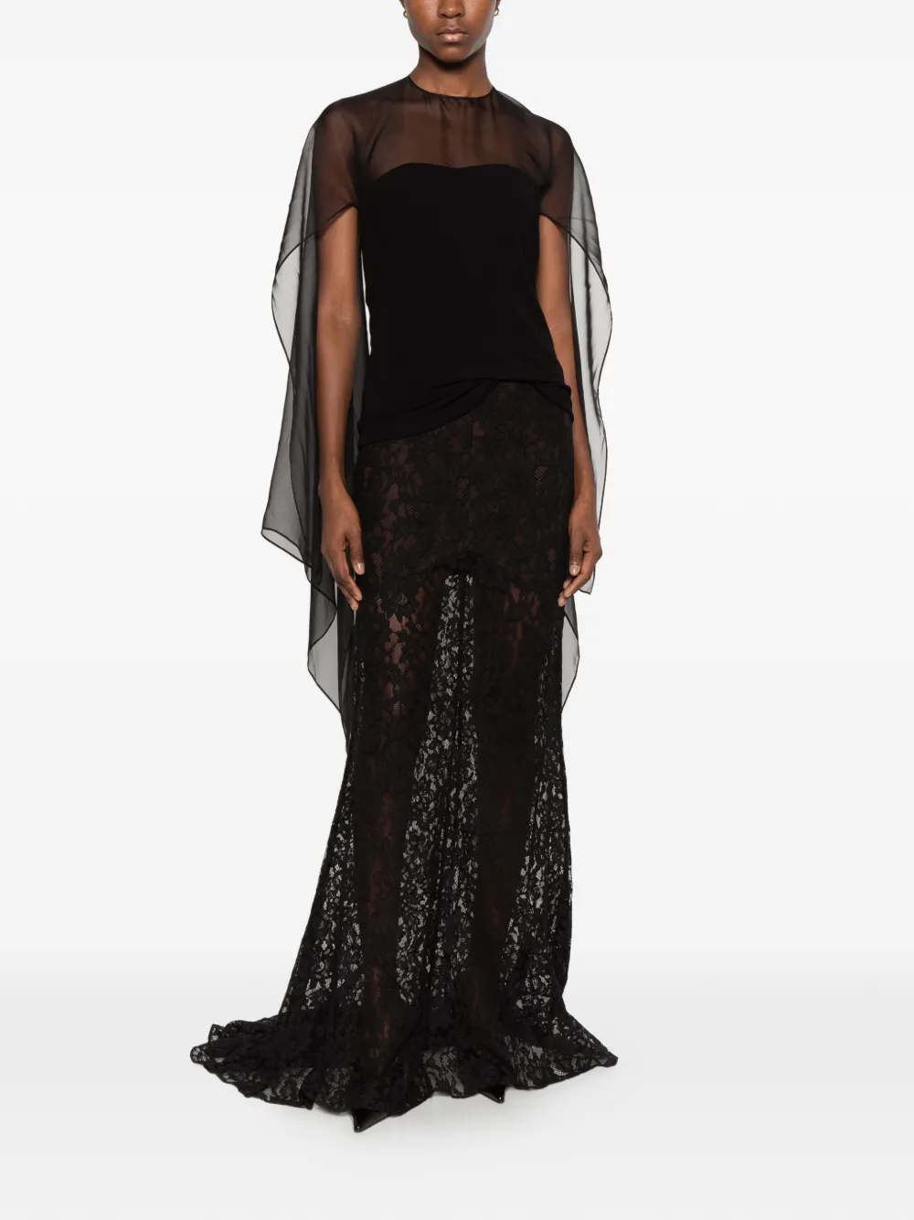 Alberta Ferretti sheer-panel cape-sleeve top Zwart