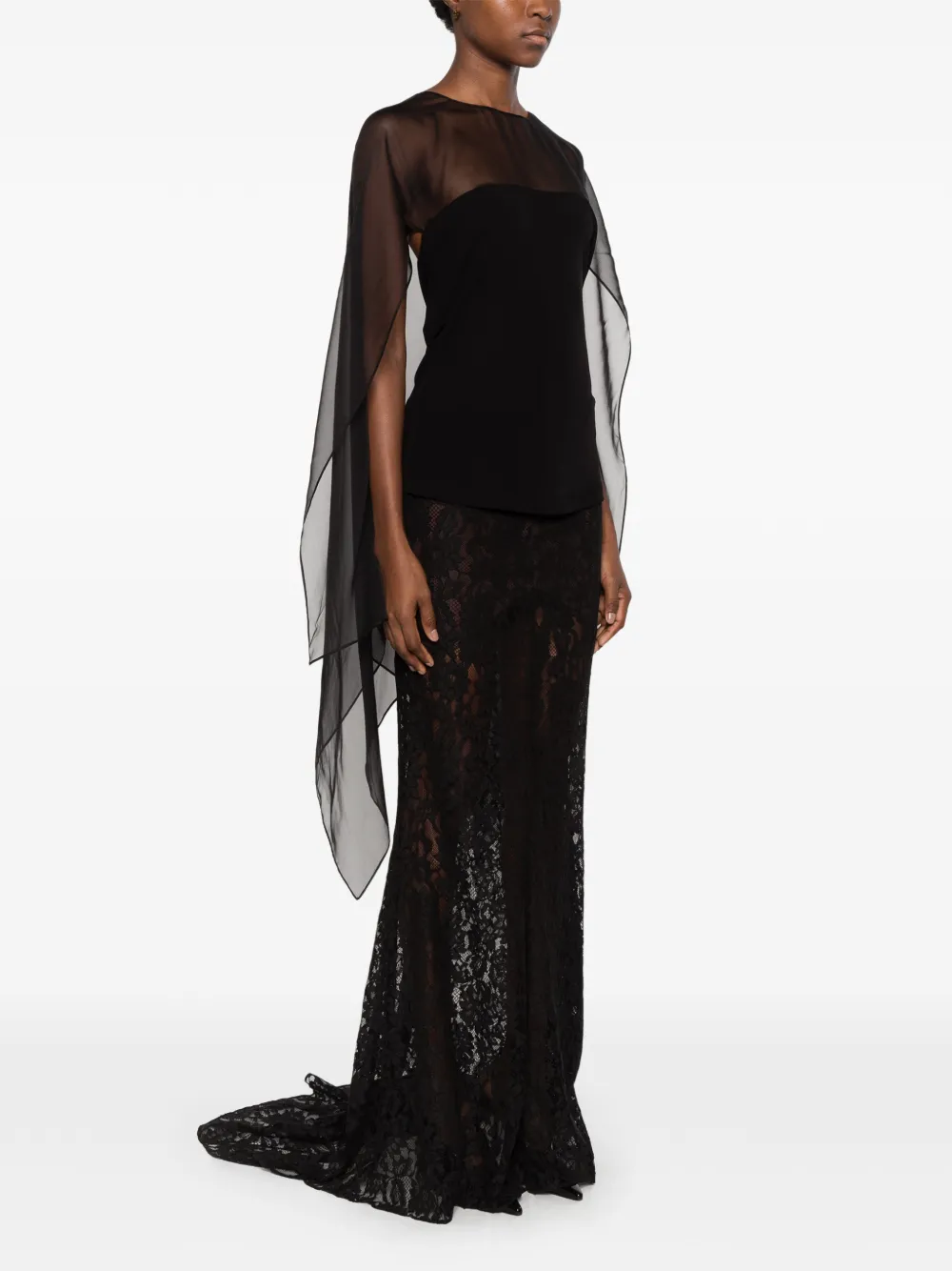 Alberta Ferretti sheer-panel cape-sleeve top Zwart