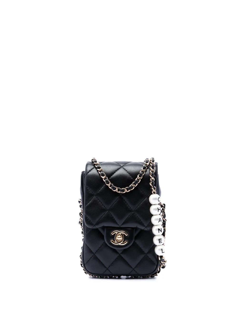 CHANEL Pre-Owned 2019 Quilted Lambskin My Precious Pearls Phone Holder with Chain crossbody bag - Nero