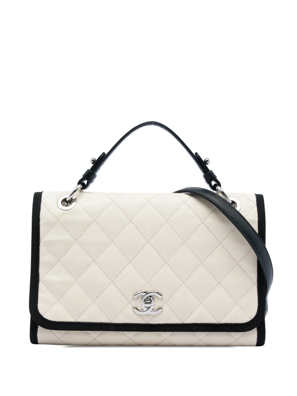 CHANEL Pre-Owned 2018 CC Bicolor Quilted Caviar and Grosgrain Top Handle Flap satchel - Nero