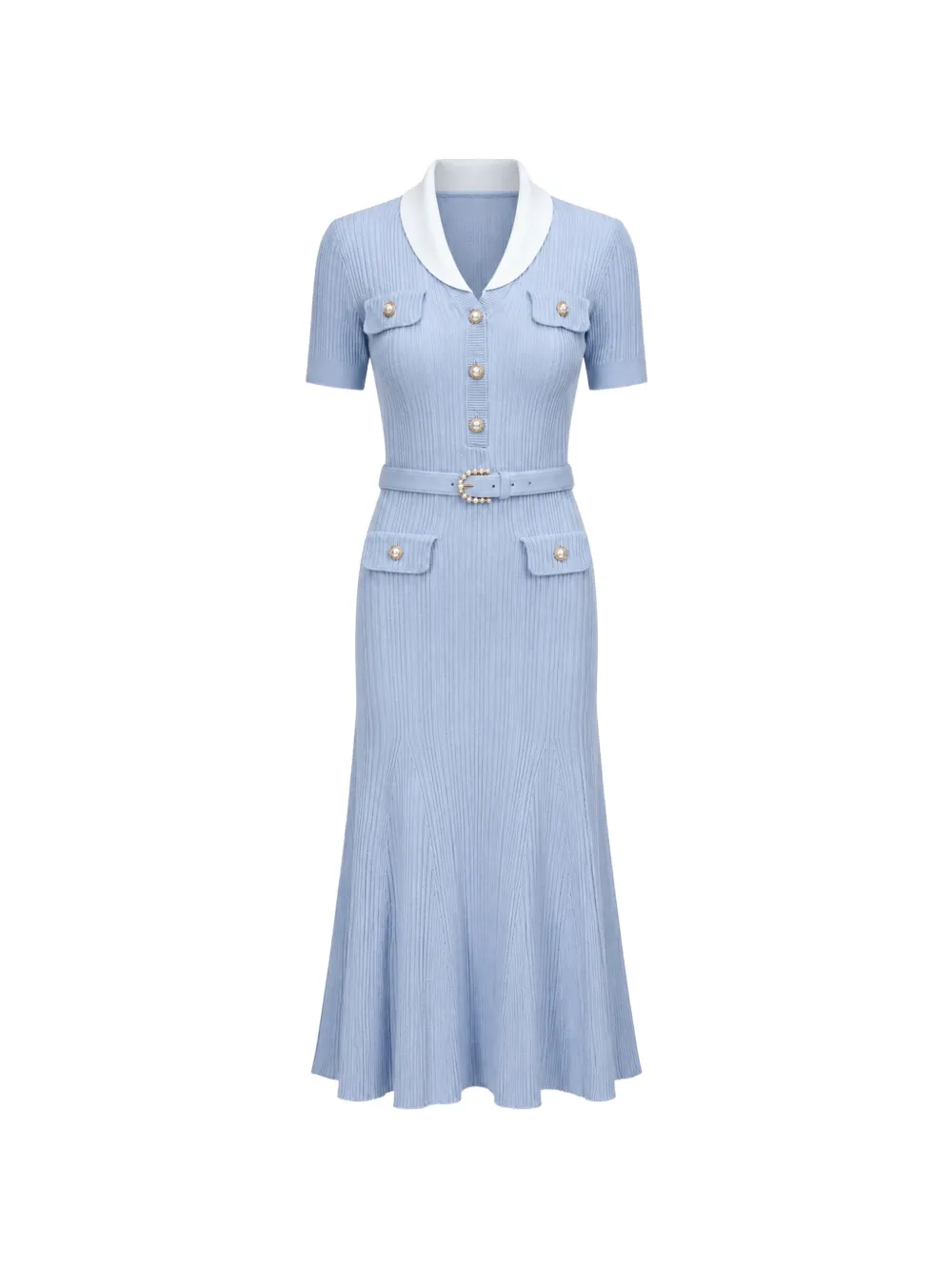Self-Portrait blue ribbed knit midi dress